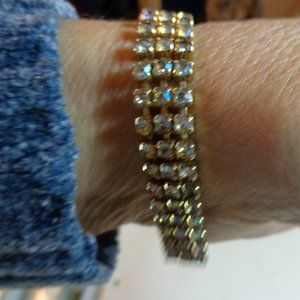 Antique 3-row Rhinestone Gold-tone Bracelet - Push-in clasp. 7 inch length.